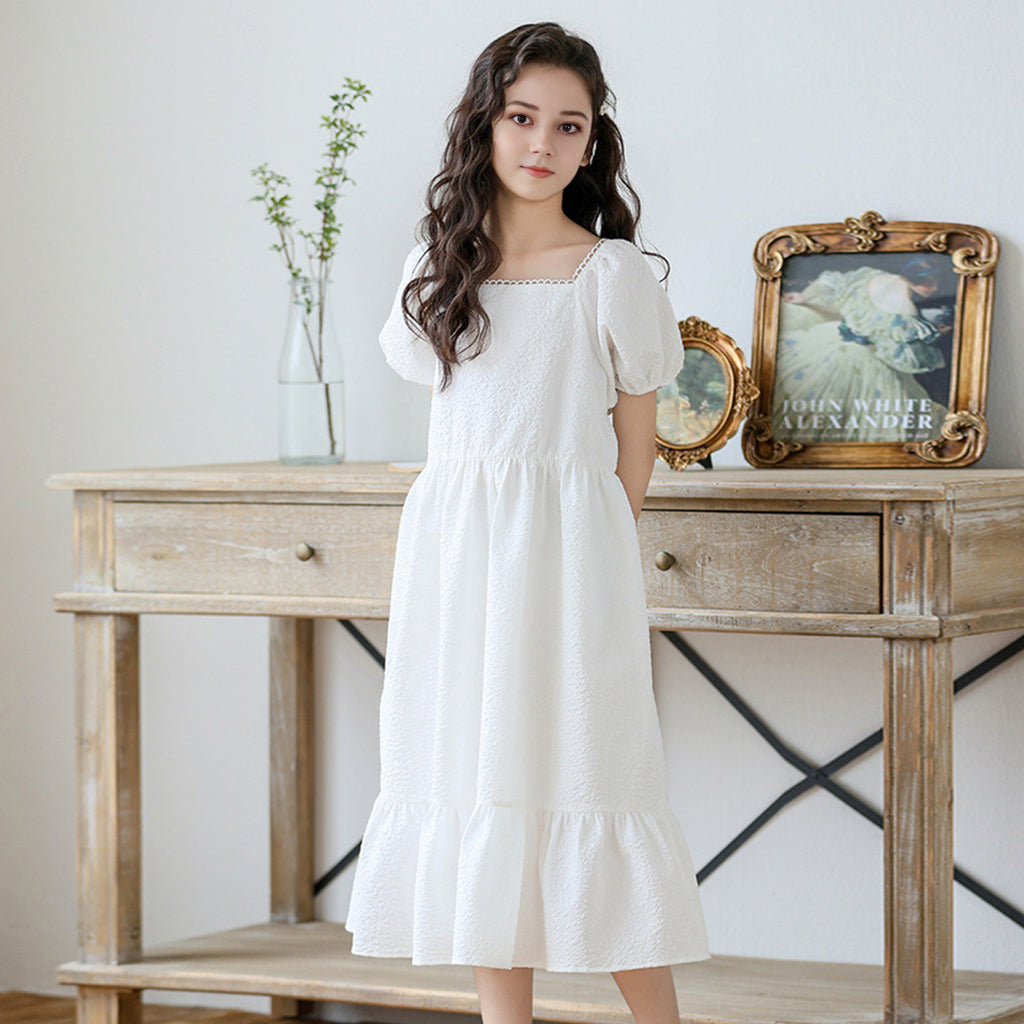 Girls Texture Fabric Puff Sleeves Fit Flare Dress