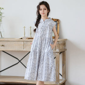 Girls Floral Print Short Sleeves Mandarin Collor Dress Casual Dresses   