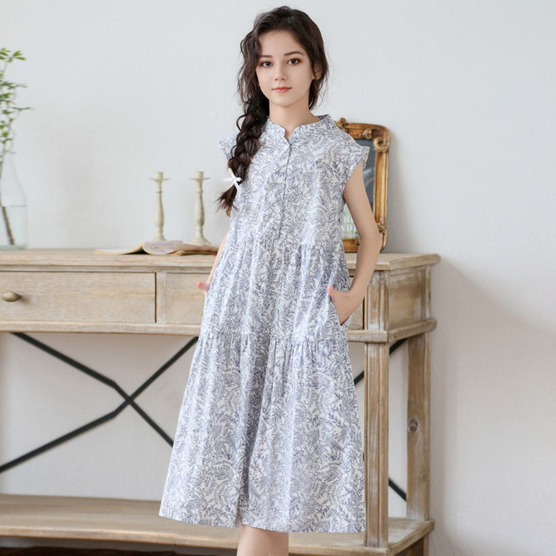 Girls Floral Print Short Sleeves Mandarin Collor Dress Casual Dresses   