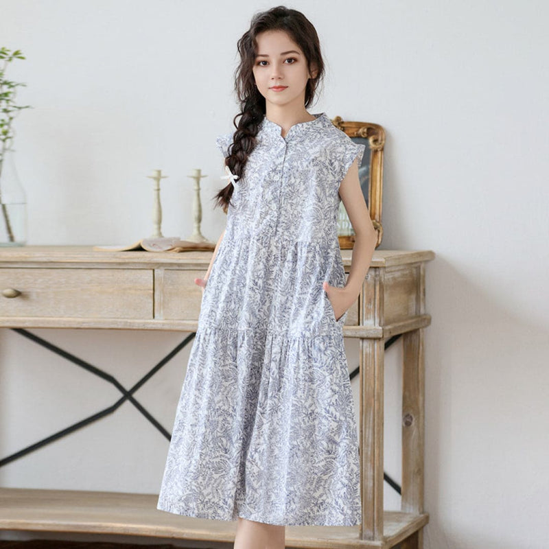 Girls Floral Print Short Sleeves Mandarin Collor Dress Casual Dresses   