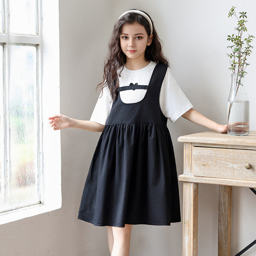 Girls Short Sleeves T-Shirt With Flared Dress Casual Dresses Black 6-7 Y 