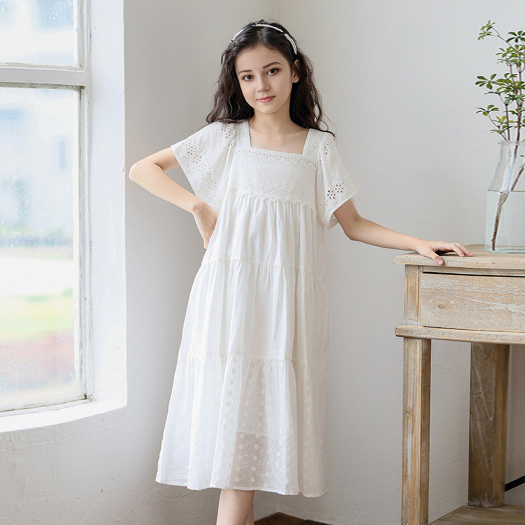 Girls Schiffli Fabric Flared Sleeves Fit & Flare Dress Casual Dresses White 6-7 Y 