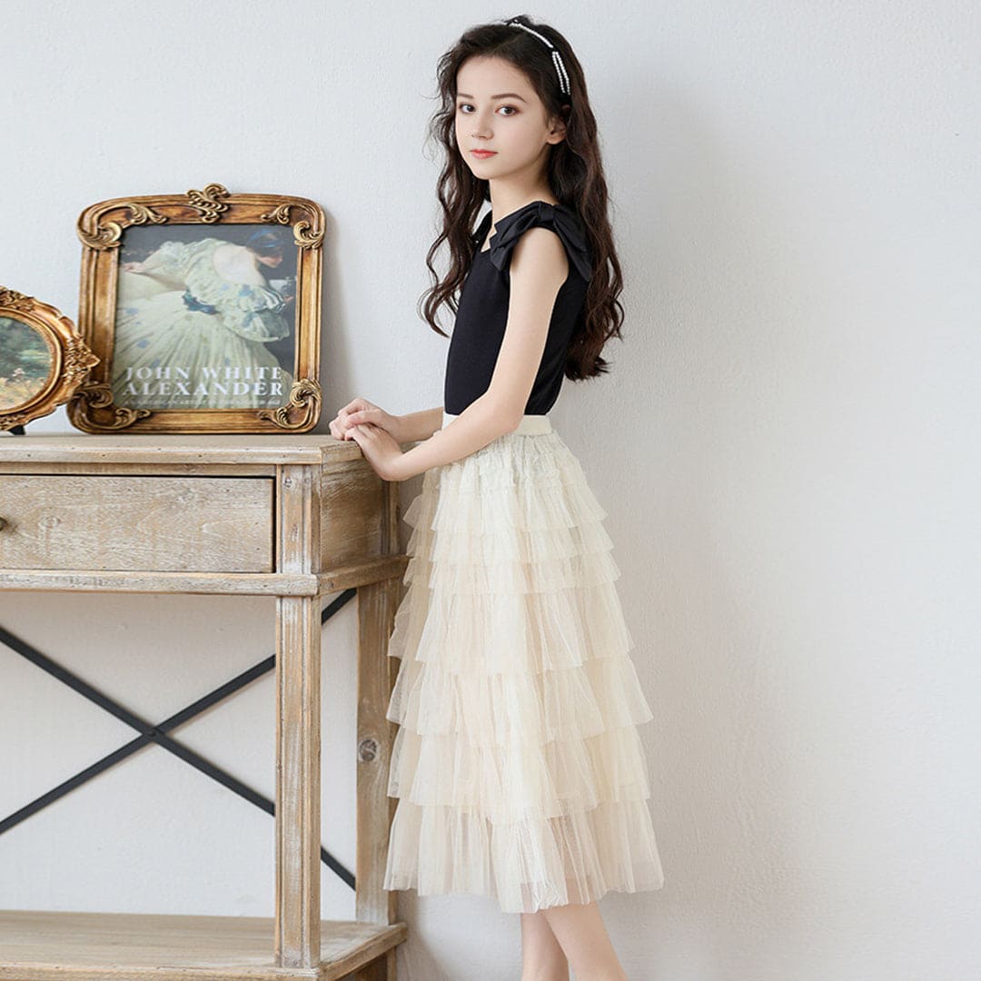 Girls Sleeveless Top With Layered Skirt Set Sets   