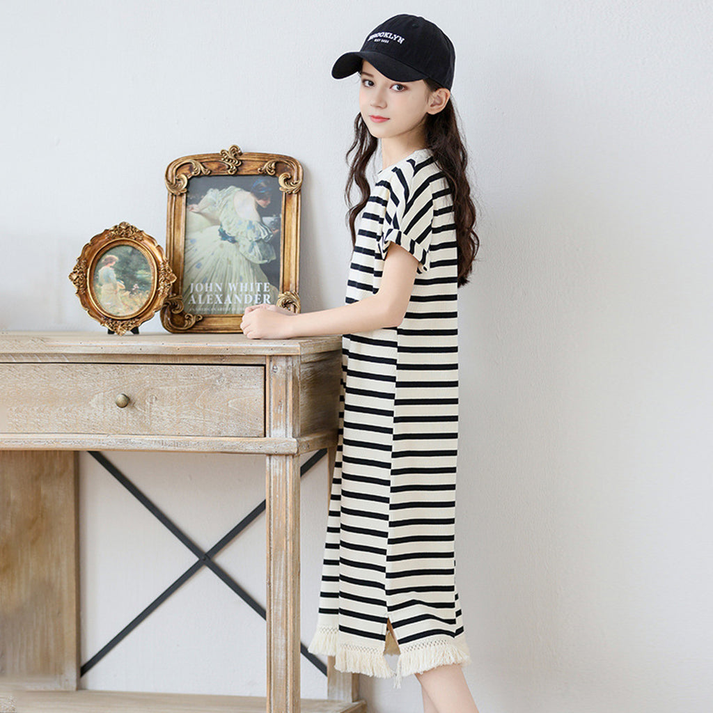 Girls Short Sleeves Striped Bodycon Dress Casual Dresses Black 6-7 Y 