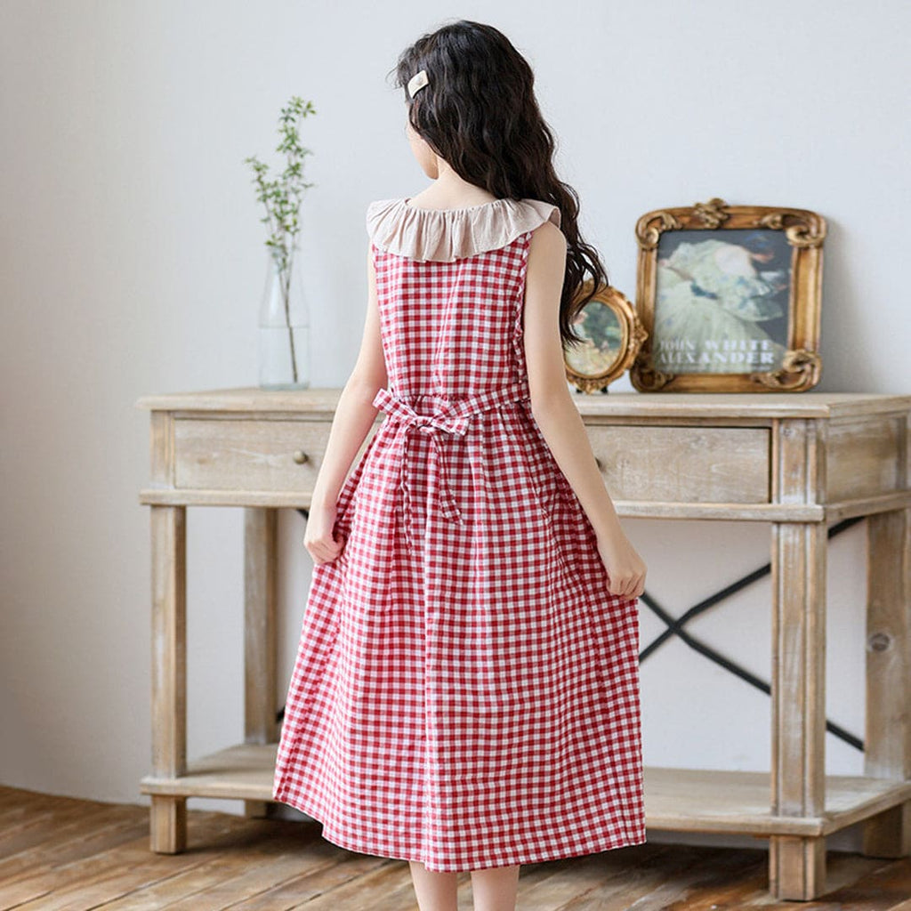 Girls Gingham Check Sleeveless Casual Dress Casual Dresses Red 6-7 Y 