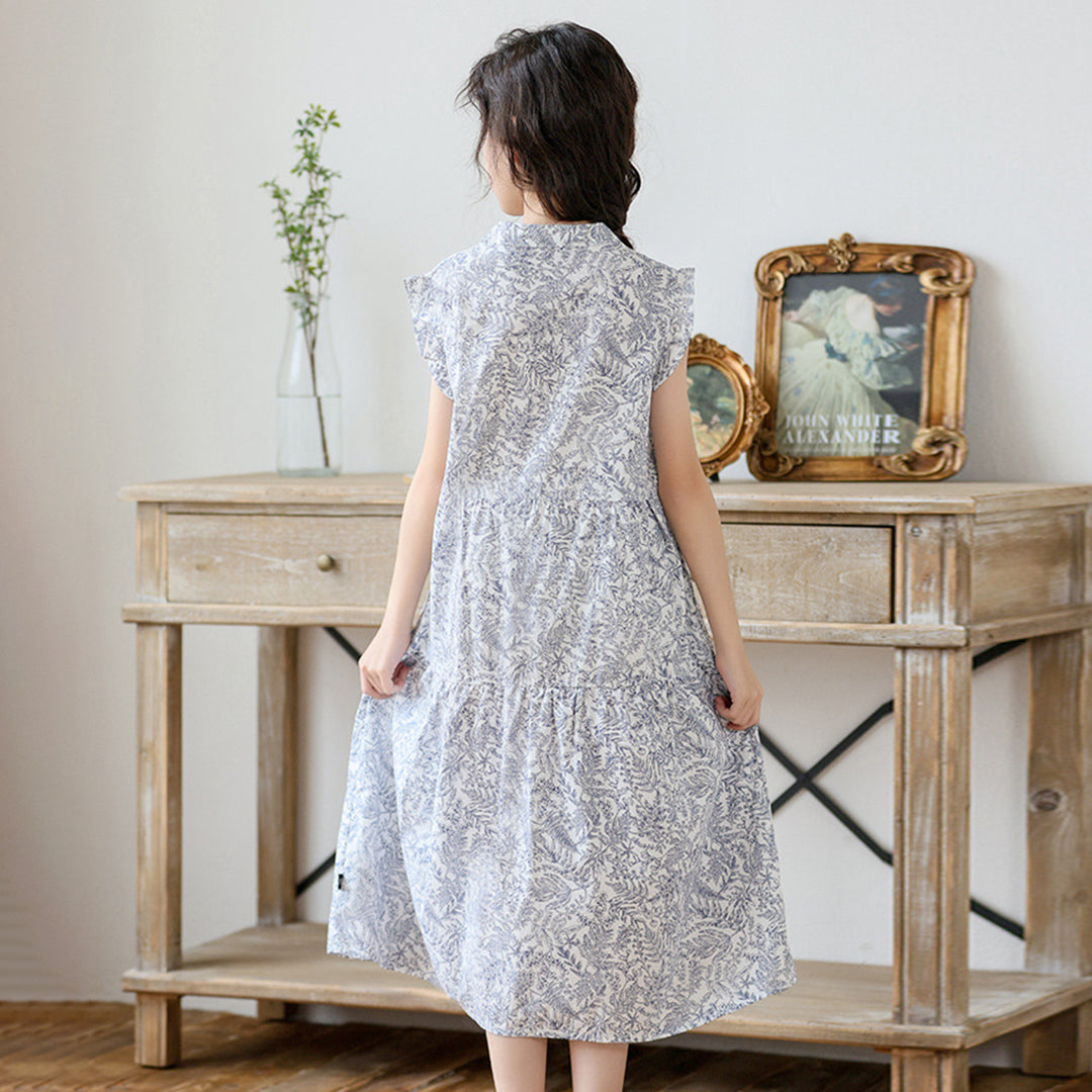 Girls Floral Print Short Sleeves Mandarin Collor Dress Casual Dresses   