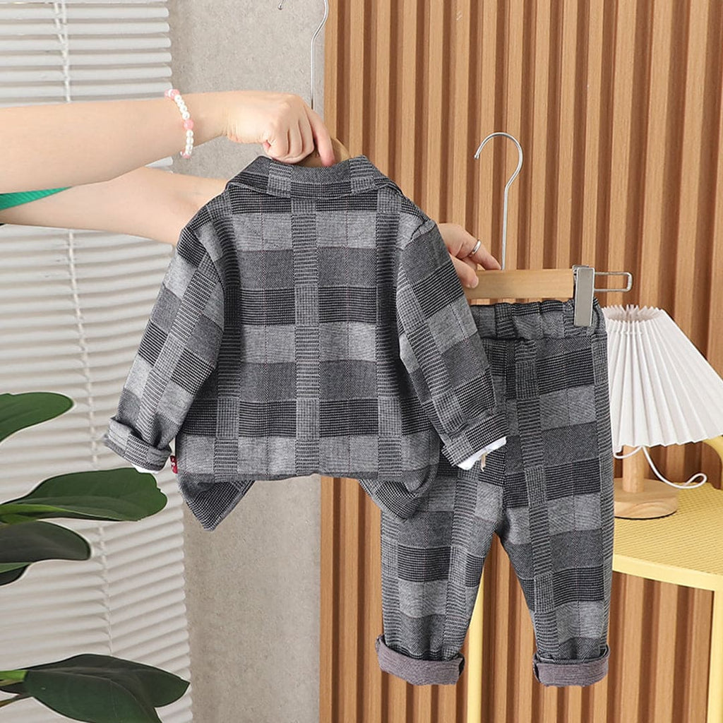 Boys Grey Check Coat With T-Shirt & Trouser Set Sets Dark Grey 1-2 Y 