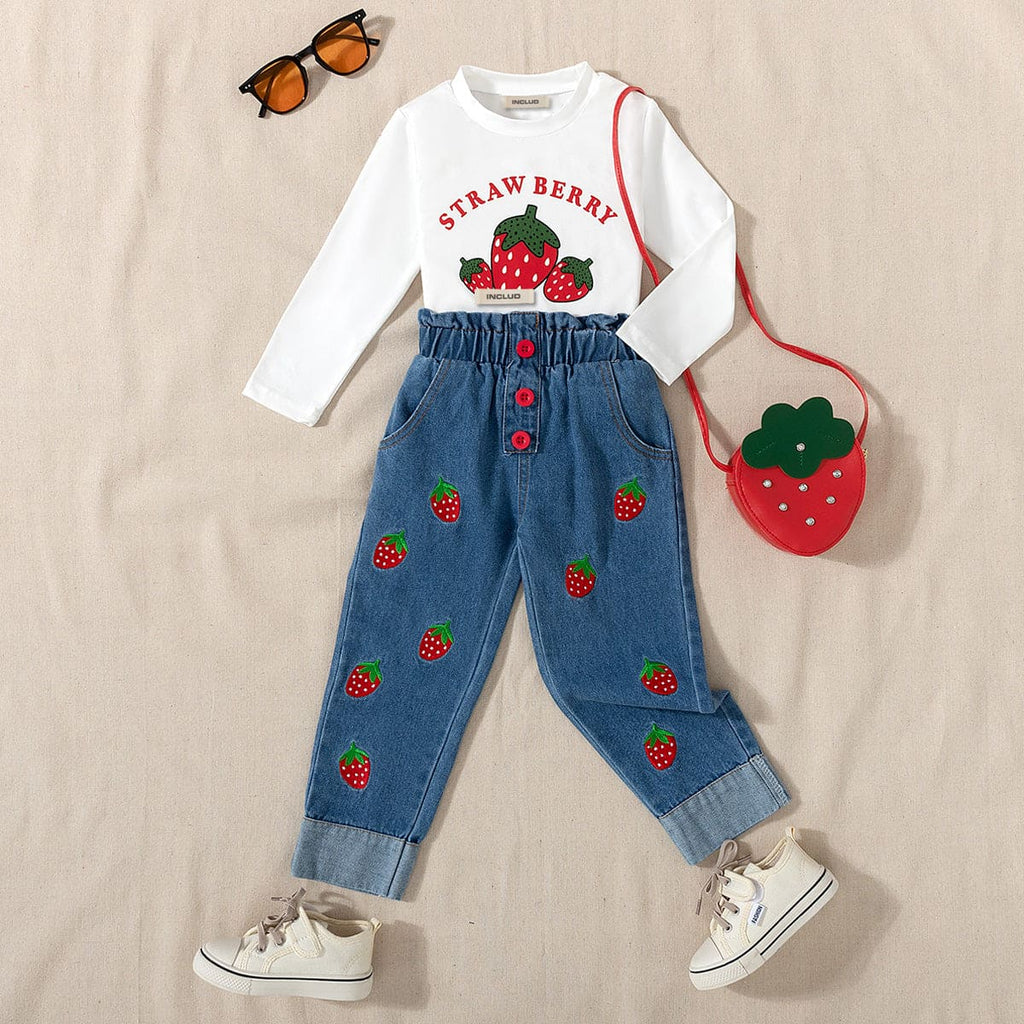 Girls White Strawberry Print Top With Denim Pants And Bag Set Sets White 2-3 Y 