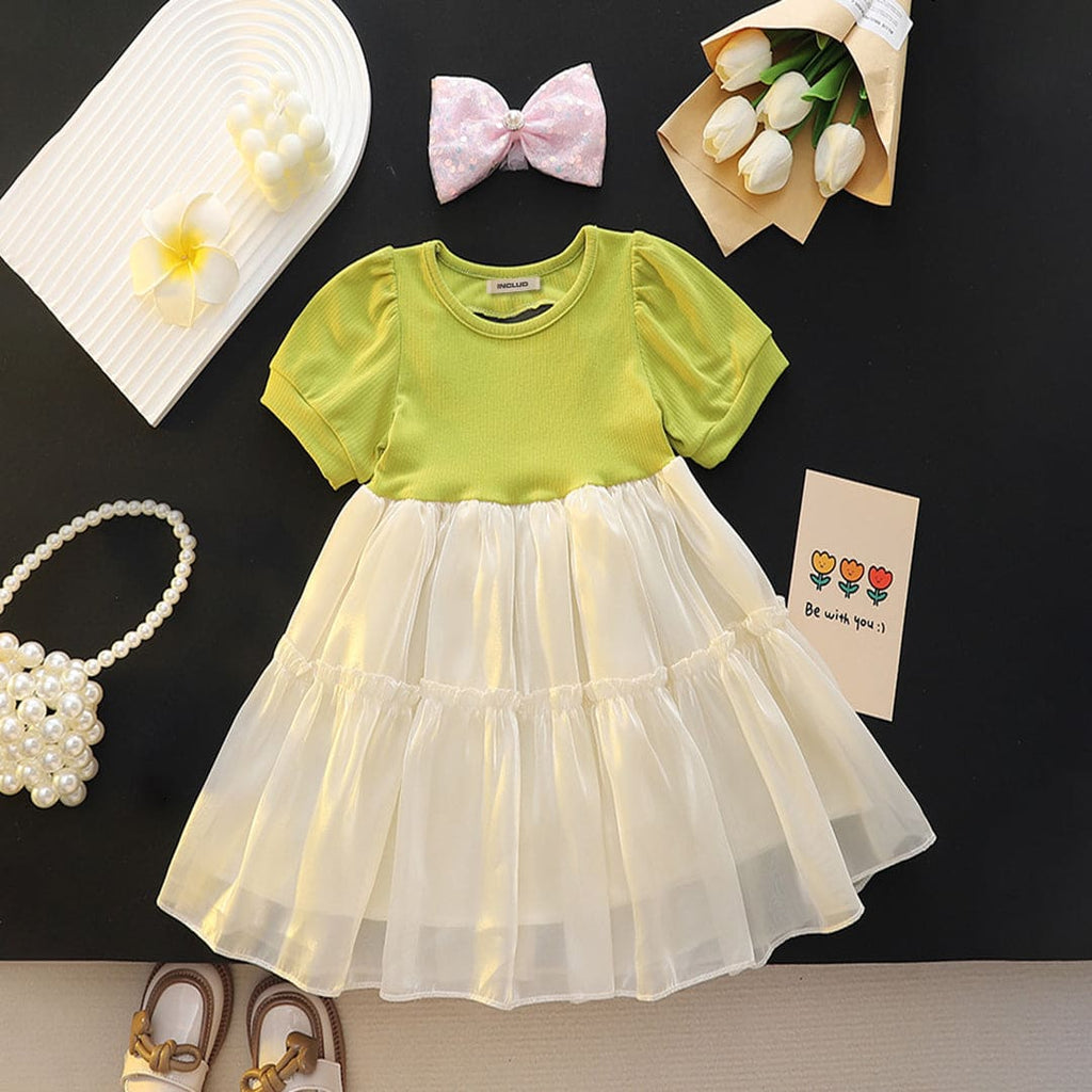 Girls Green Back Keyhole Fit & Flare Dress with Bow Statement Casual Dresses Green 1-2 Y 