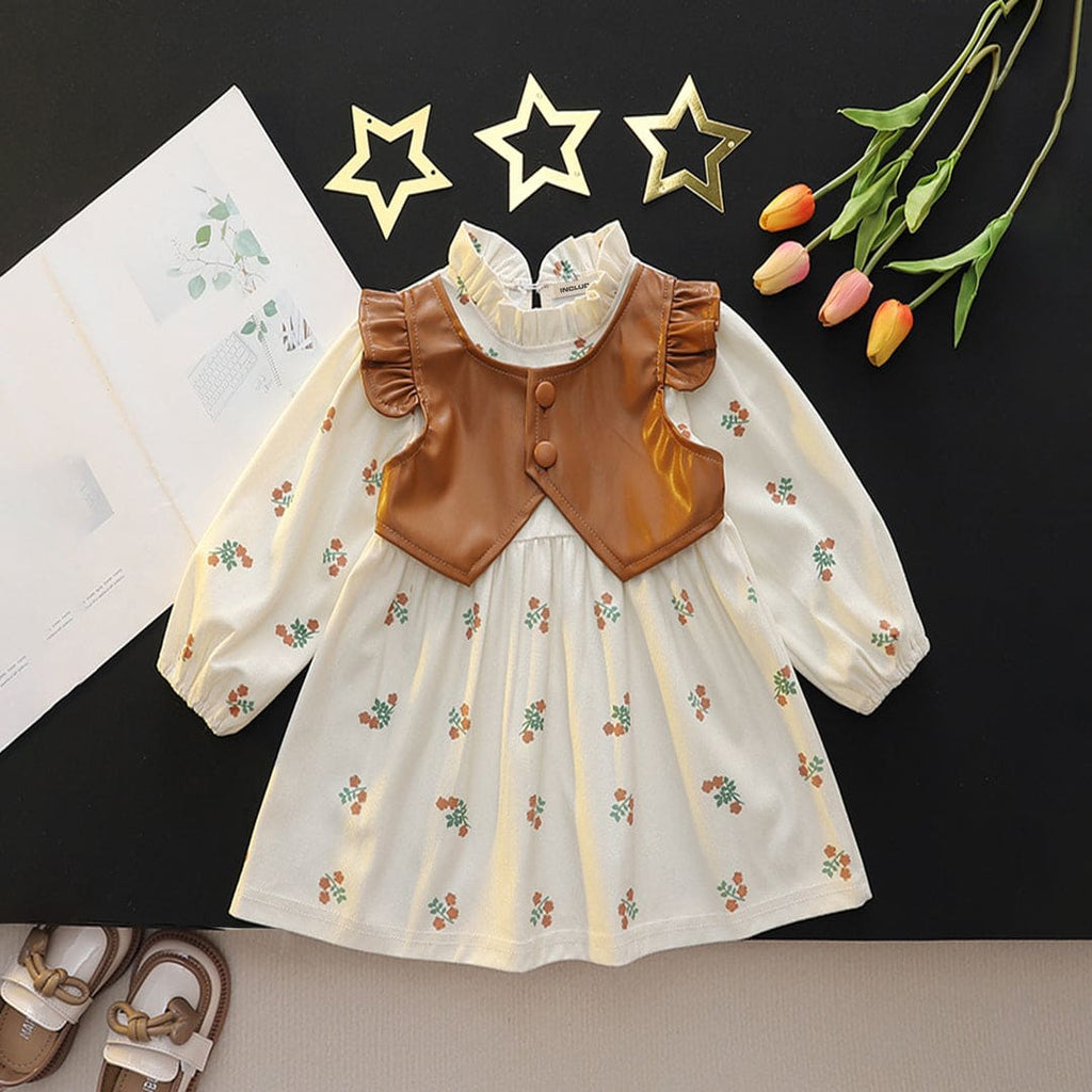 Girls Khaki Floral Print Fit & Flare Dress with Attached Jacket Casual Dresses Khaki 1-2 Y 