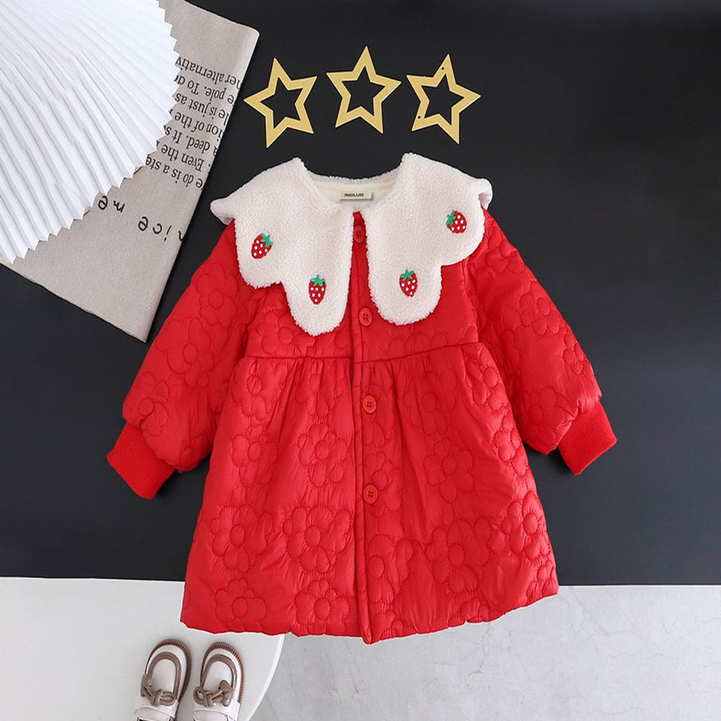 Girls Red Strawberry Embroidered Full Sleeves Winterwear Dress Casual Dresses Red 1-2 Y 