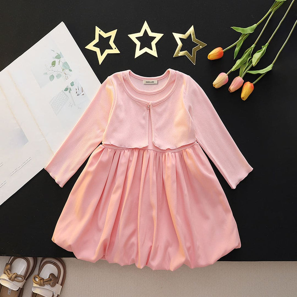 Girls Pink Full Sleeves Balloon Dress Casual Dresses Pink 1-2 Y 