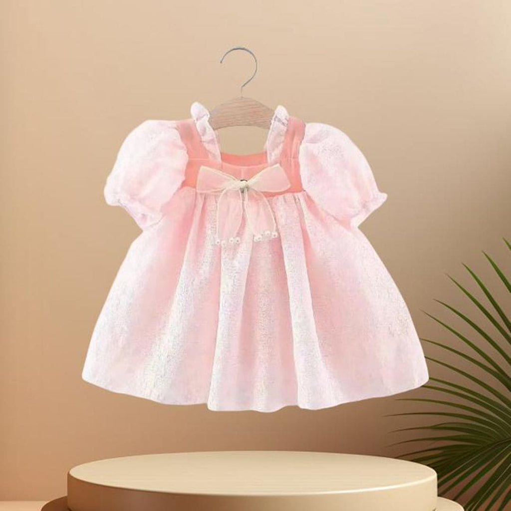 Girls Pink Texture Puff Sleeves Fit & Flare Dress Casual Dresses Pink 1-2 Y 