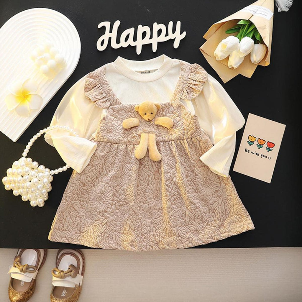 Girls Khaki Textured  Full Sleeves Bear Attached Fit & Flare Dress Casual Dresses Khaki 1-2 Y 