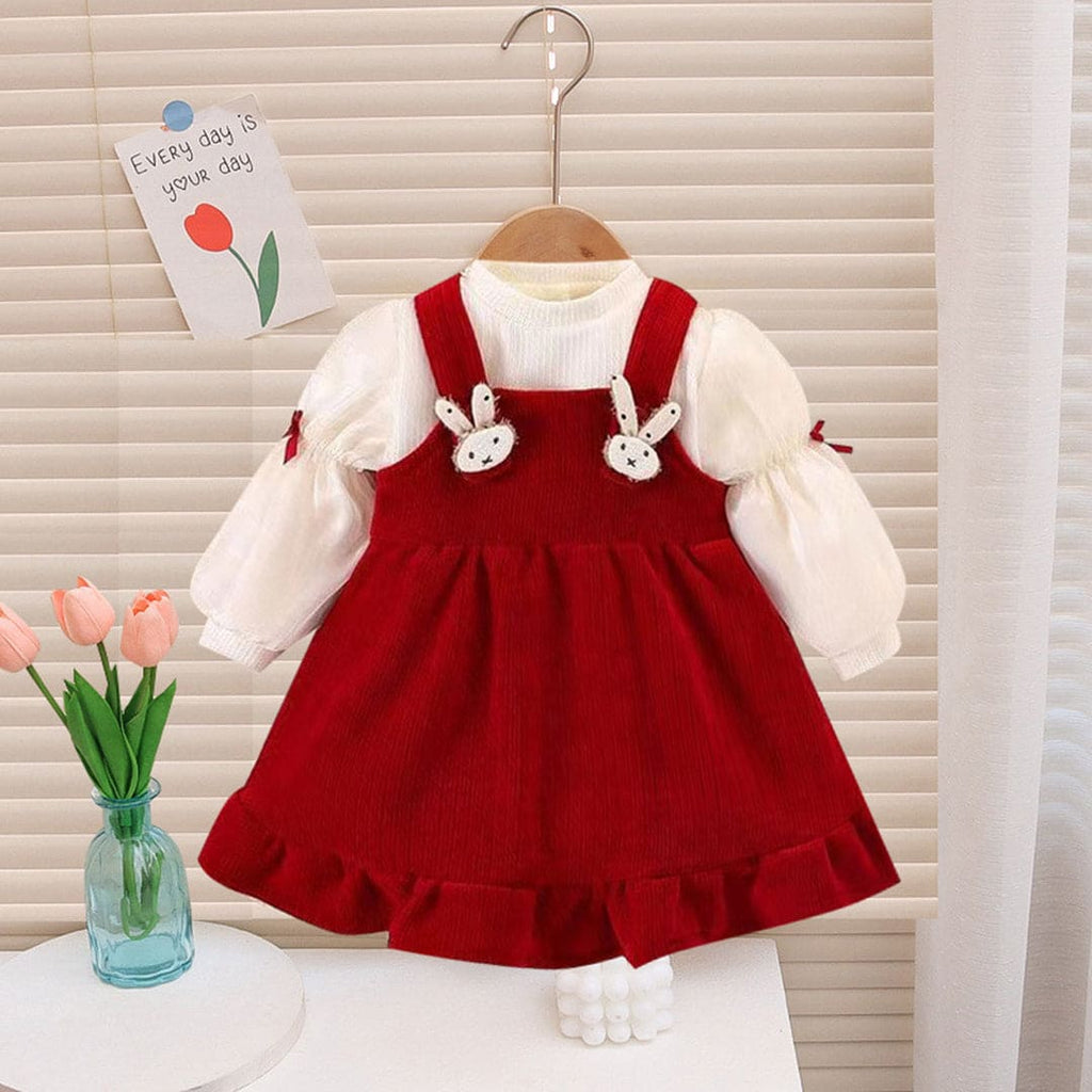 Girls Maroon Winterwear Puff Sleeves Fit & Flare Dress Casual Dresses Maroon 1-2 Y 