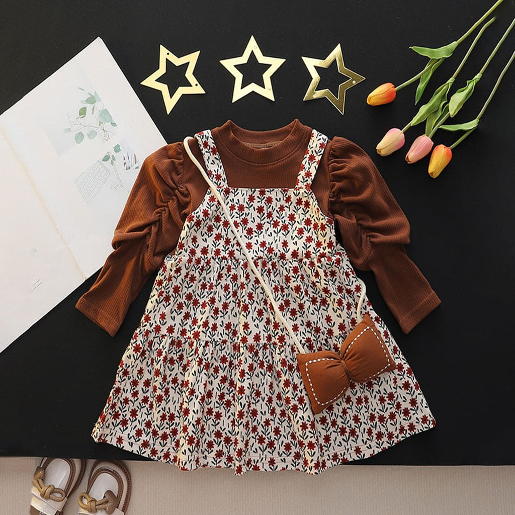 Girls Brown Full Sleeves Winterwear Tiered Dress Casual Dresses Brown 1-2 Y 