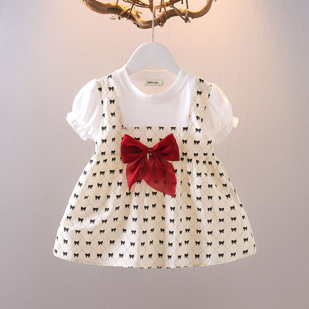 Girls Black Bow Print Puff Sleeves Fit & Flare Dress Casual Dresses Black 1-2 Y 