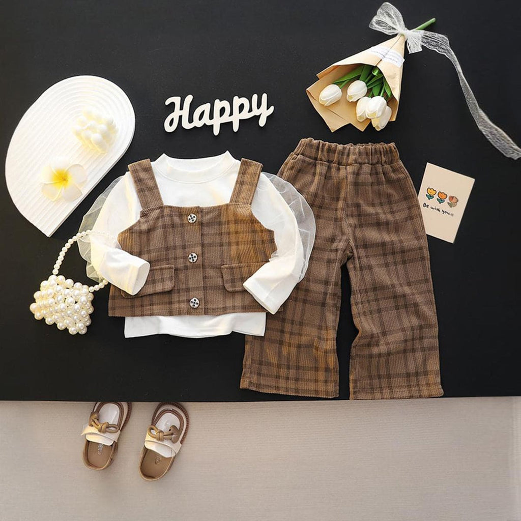 Girls Brown Full Sleeves Top with Vest & Pants Set Sets Brown 1-2 Y 