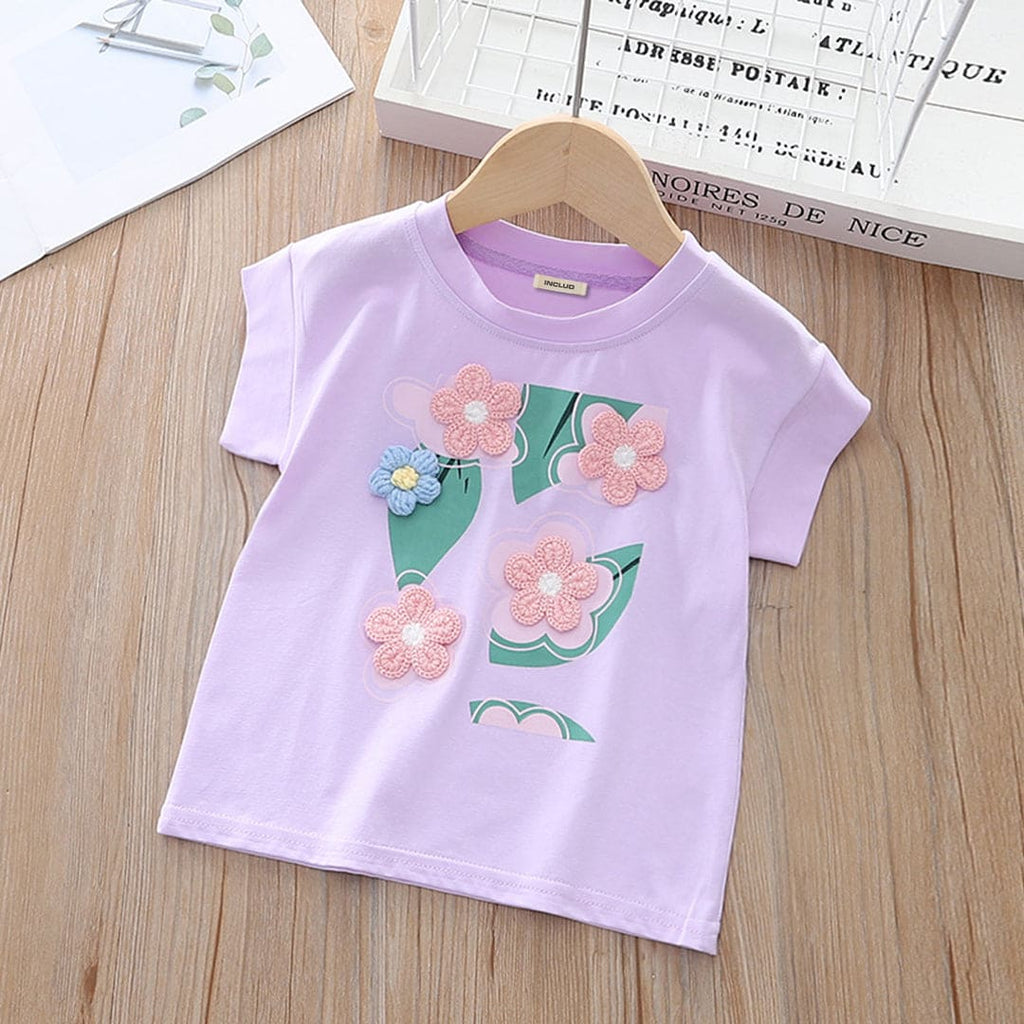 Girls Purple Floral Embroidered Short Sleeves T-shirt Tshirts Purple 1-2 Y 