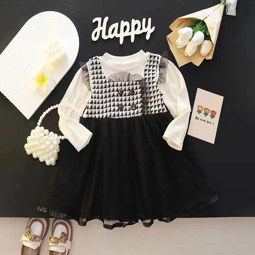 Girls Black Full Sleeves Fit and Flared Plaid Casual Dress Casual Dresses Black 1-2 Y 