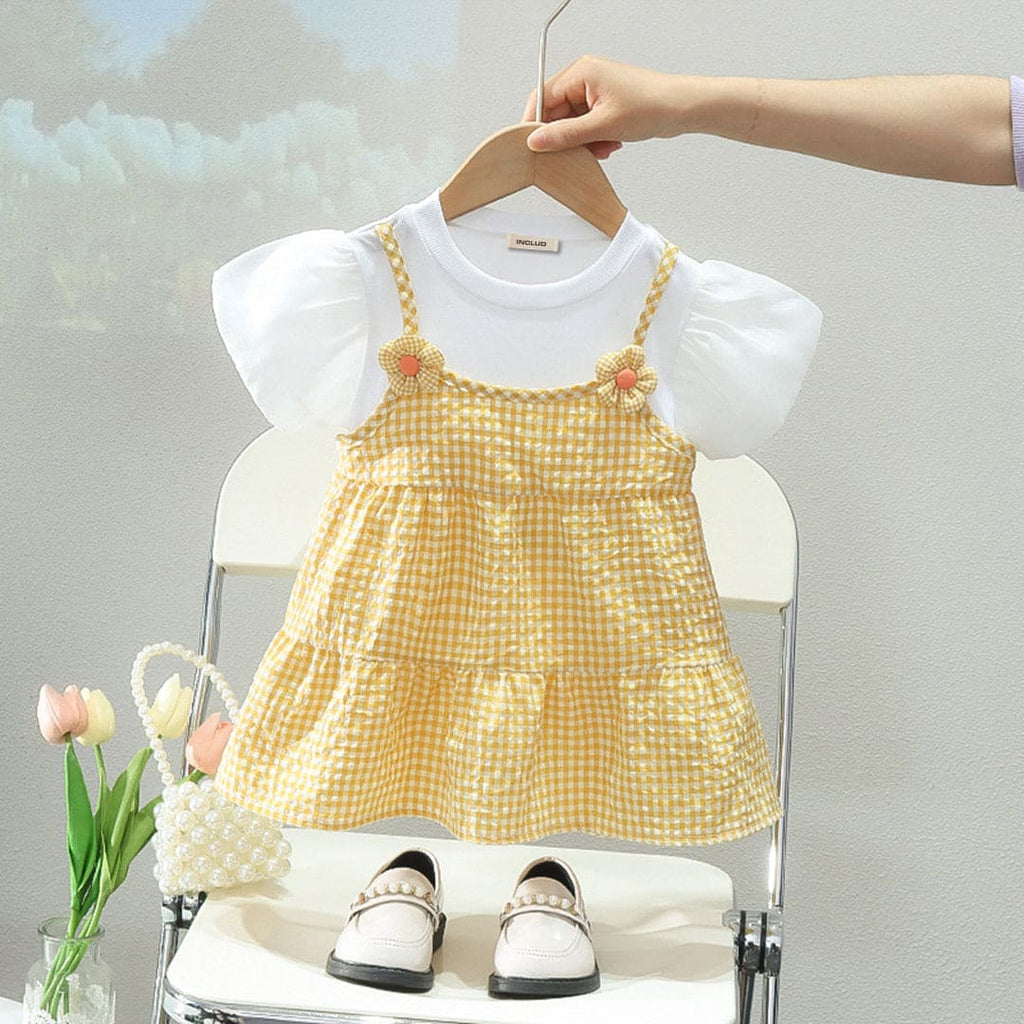 Girls Yellow Gingham Checked Puff Sleeves Tiered Dress Casual Dresses Yellow 1-2 Y 