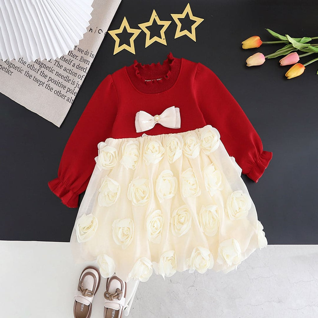 Girls Red Rose Applique Full Sleeves Fit & Flare Winterwear Dress Casual Dresses Red 1-2 Y 