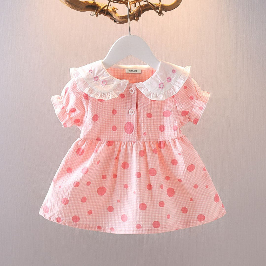 Girls Pink Polka Dot Print Puff Sleeves Fit & Flare Dress Casual Dresses Pink 1-2 Y 