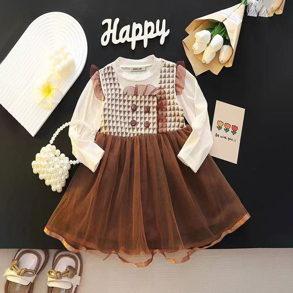 Girls Brown Full Sleeves Fit and Flared Casual Dress Casual Dresses Brown 1-2 Y 