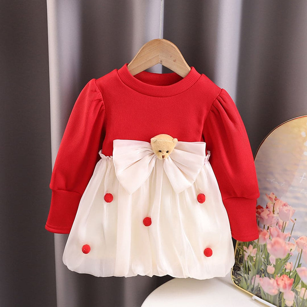 Girls Red Winterwear Bow Applique Fit & Flare Dress Casual Dresses Red 1-2 Y 