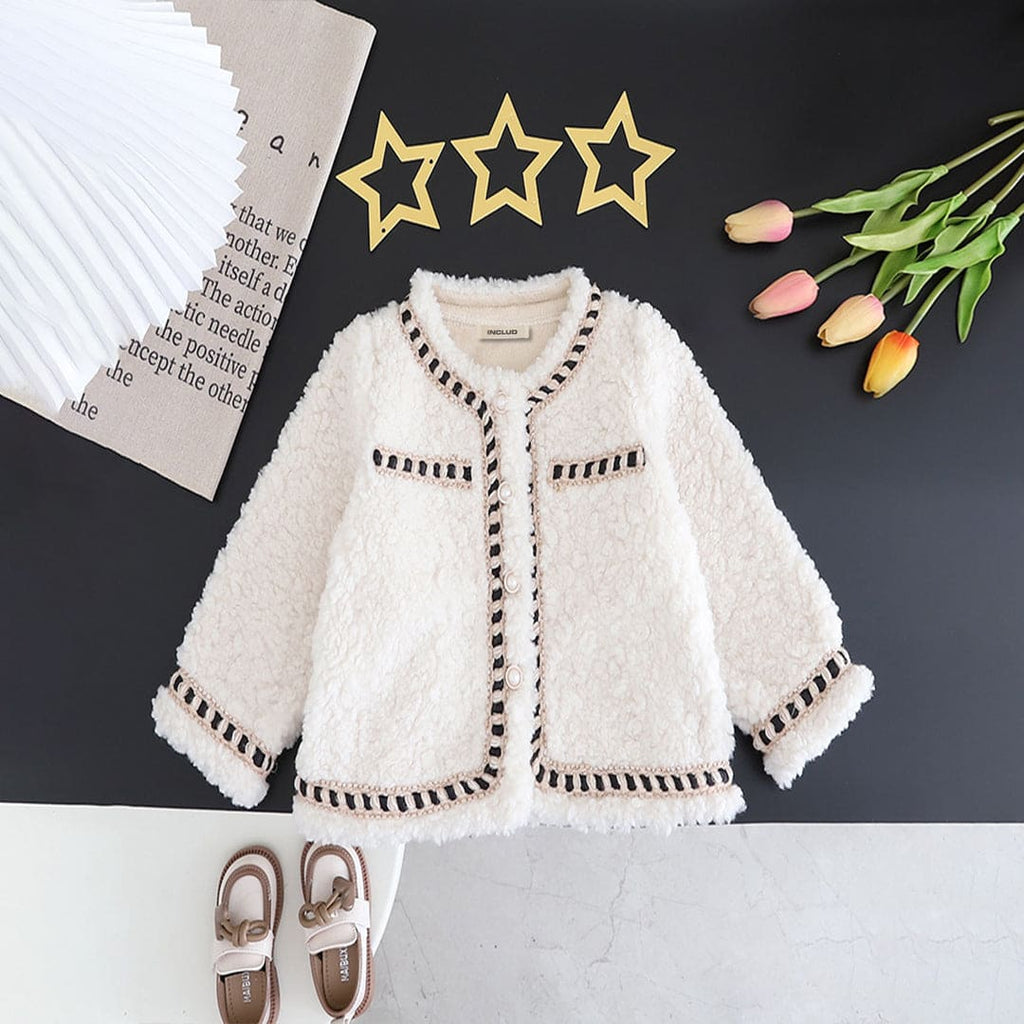 Girls White Fleece Full Sleeves Jacket Coats & Jackets White 1-2 Y 