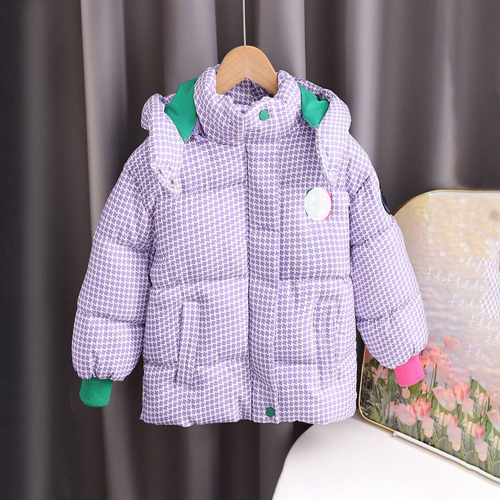 Girls Purple Houndstooth Print Hooded Full Sleeves Quilted Jacket Coats & Jackets Purple 1-2 Y 