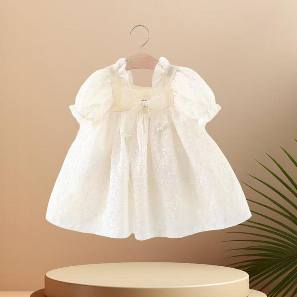 Girls White Texture Puff Sleeves Fit & Flare Dress Casual Dresses White 1-2 Y 