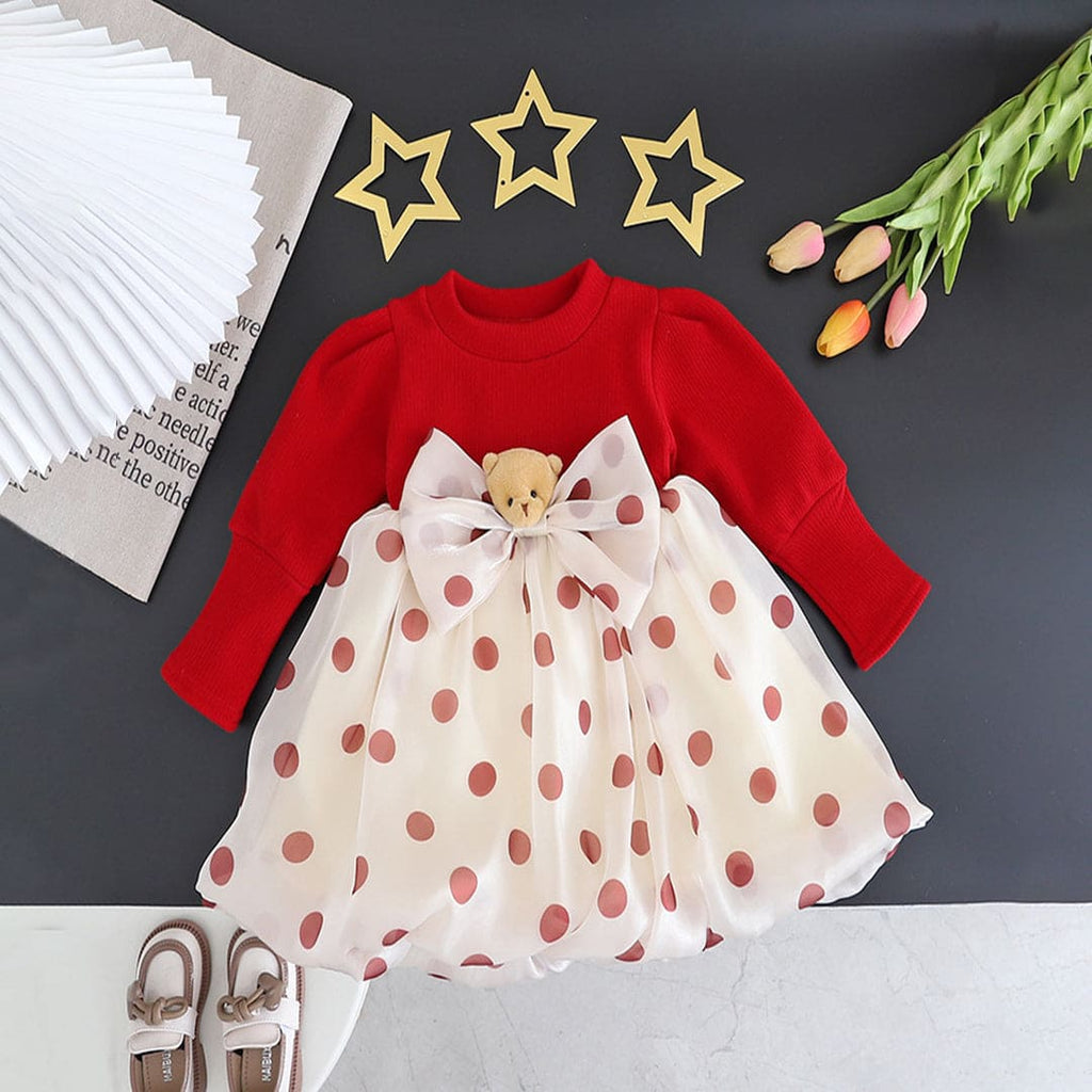 Girls Red Bow Applique Polka Dot Print Fit & Flare Dress Casual Dresses   