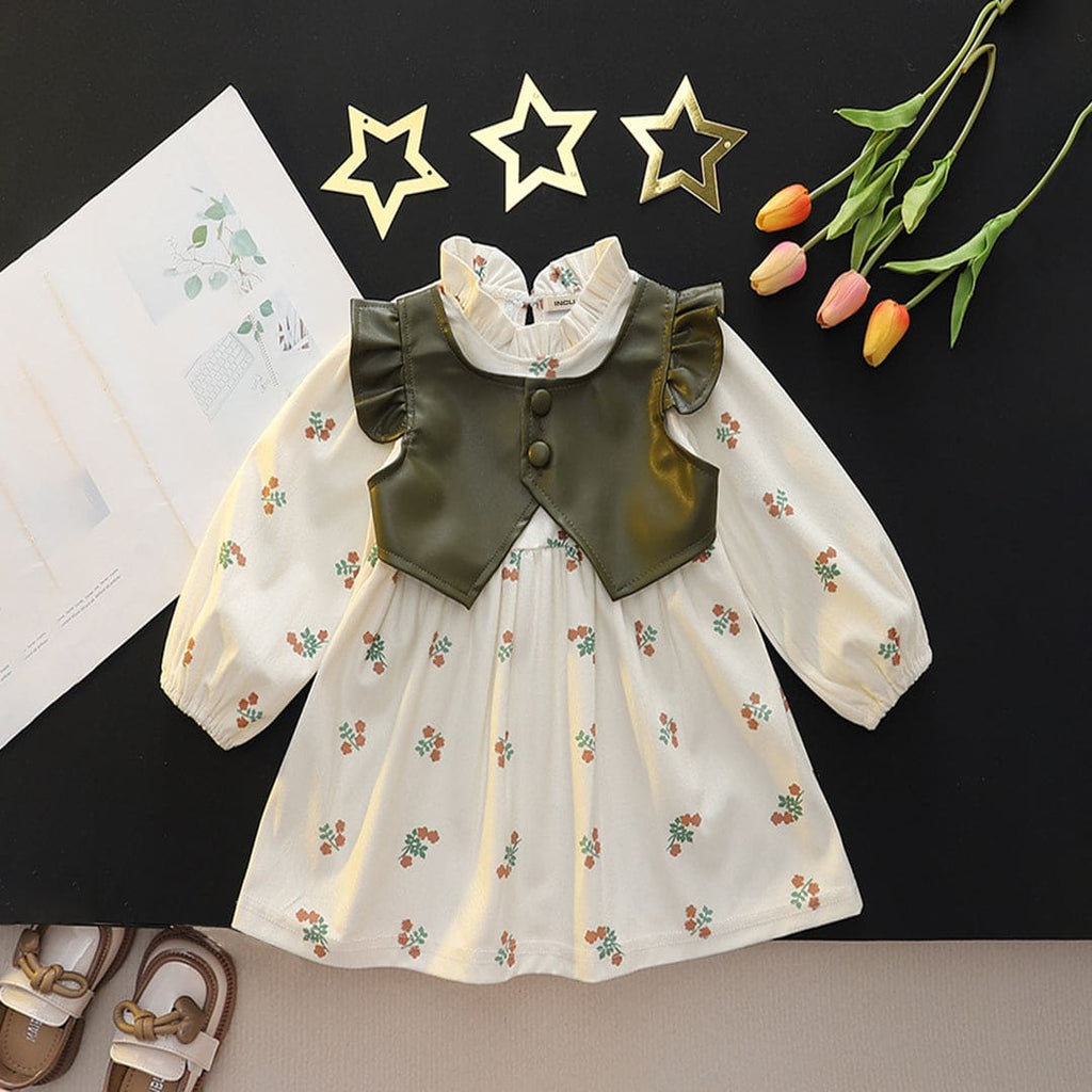 Girls Green Floral Print Gathered Dress with Attached Crop Jacket Casual Dresses Green 1-2 Y 