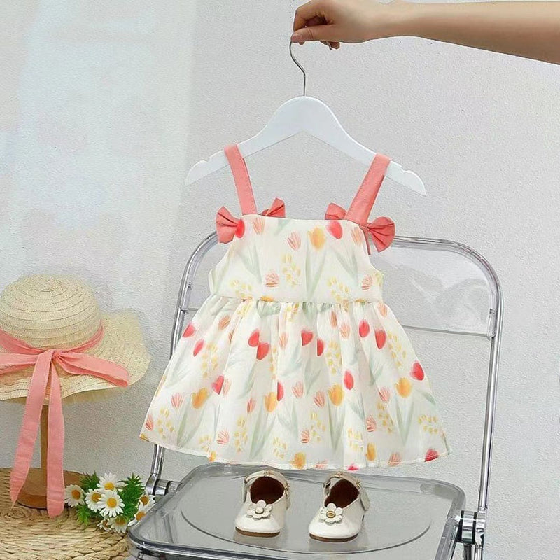 Girls Pink Printed Shoulder Straps Casual Dress Casual Dresses   