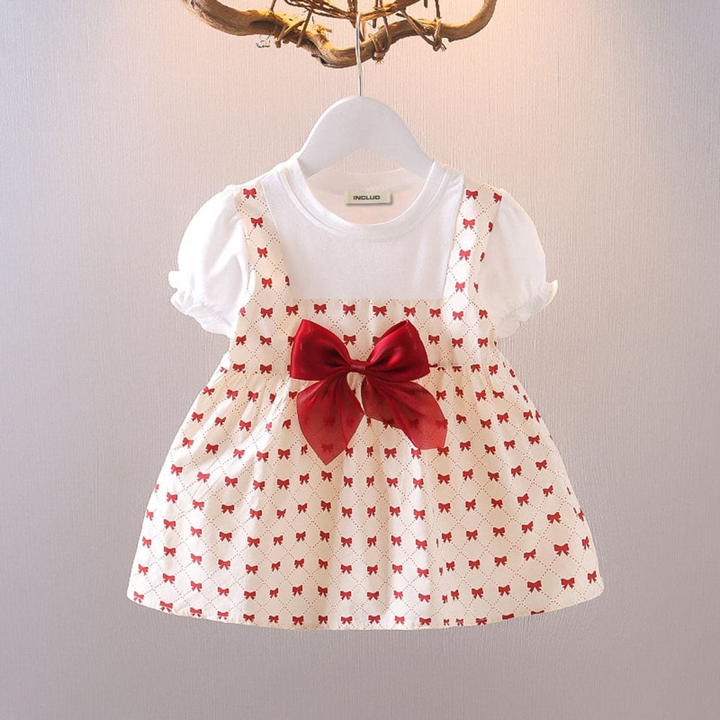 Girls Red Bow Print Puff Sleeves Fit & Flare Dress Casual Dresses Red 1-2 Y 