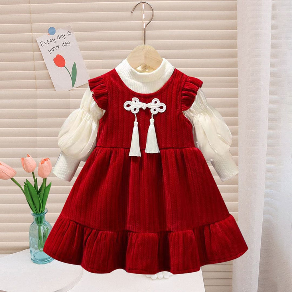 Girls Maroon Winterwear Puff Sleeves Party Dress Party Dresses Maroon 1-2 Y 