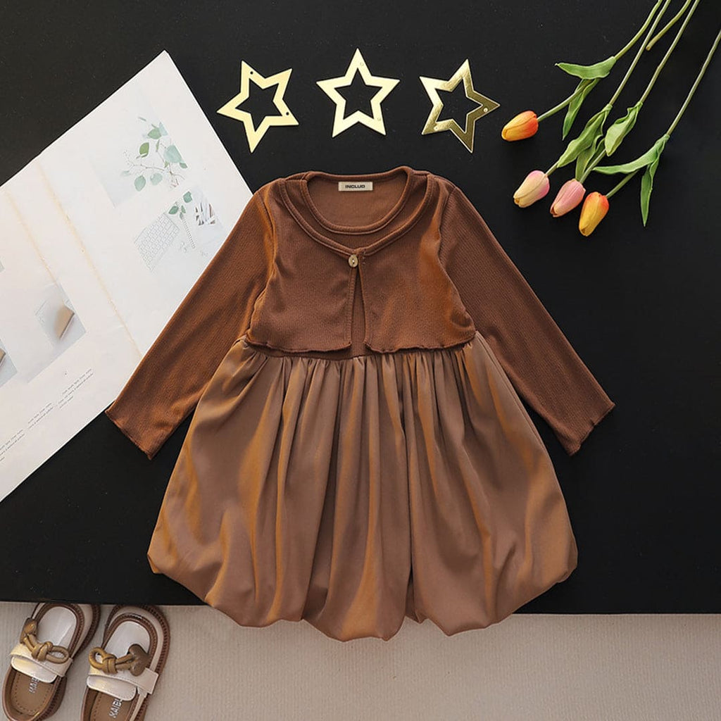 Girls Brown Full Sleeves Attached Jacket Balloon Dress Casual Dresses Brown 1-2 Y 