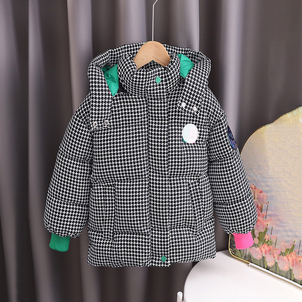 Girls Black Houndstooth Print Hooded Full Sleeves Quilted Jacket Coats & Jackets Black 1-2 Y 