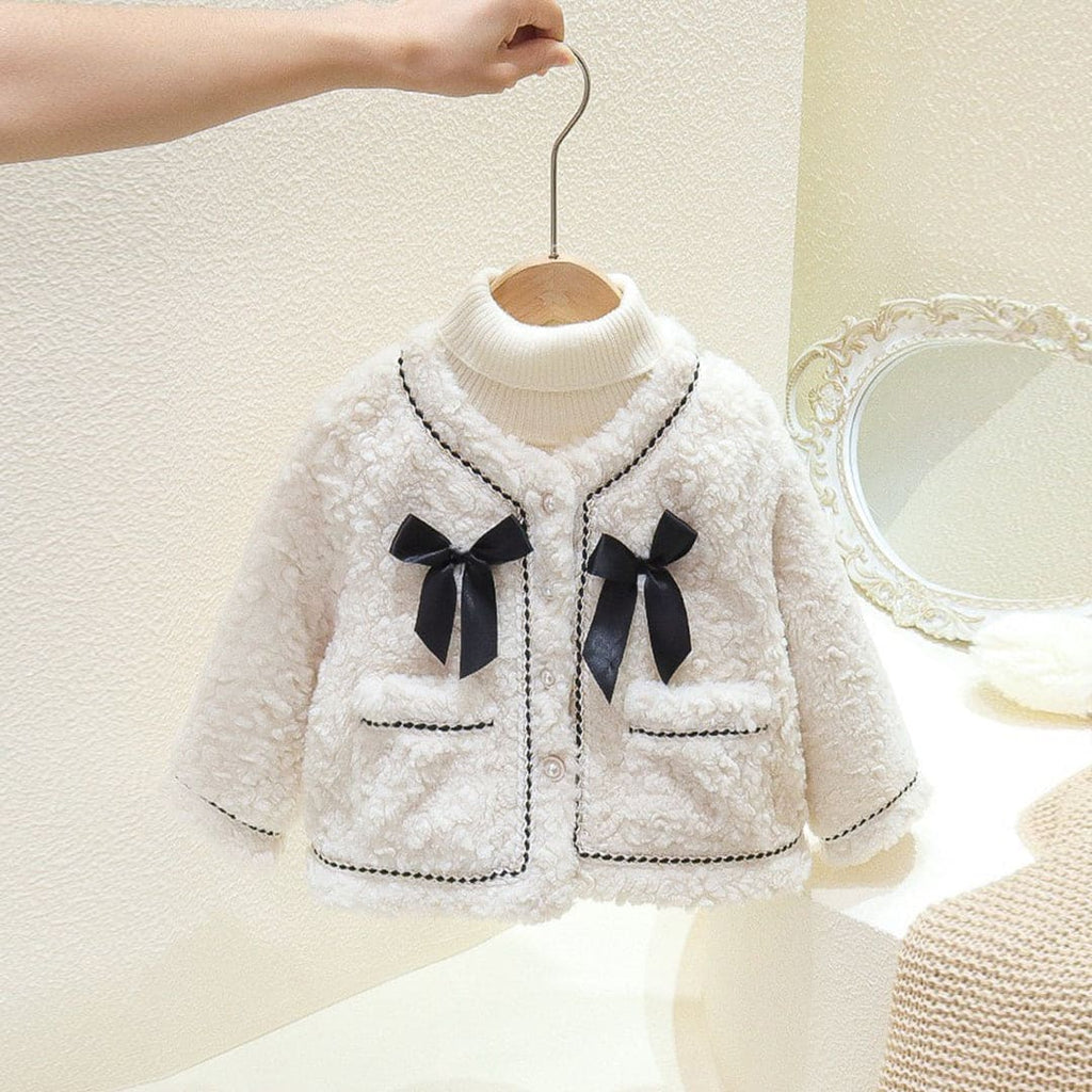 Girls White Fleece Front Pocket Full Sleeves Jacket Coats & Jackets White 1-2 Y 