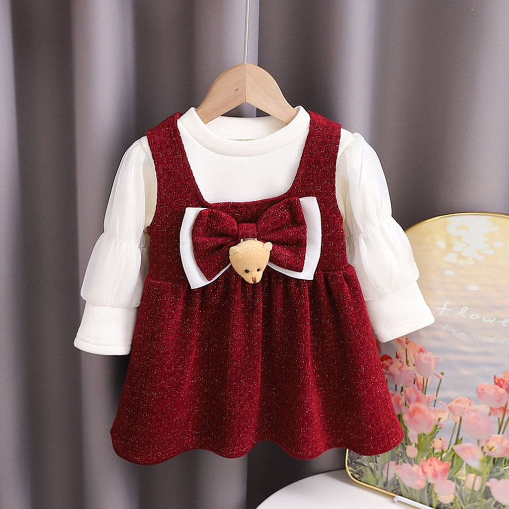 Girls Red Textured Bear Bow Full Sleeves Winterwear Dress Casual Dresses Red 1-2 Y 