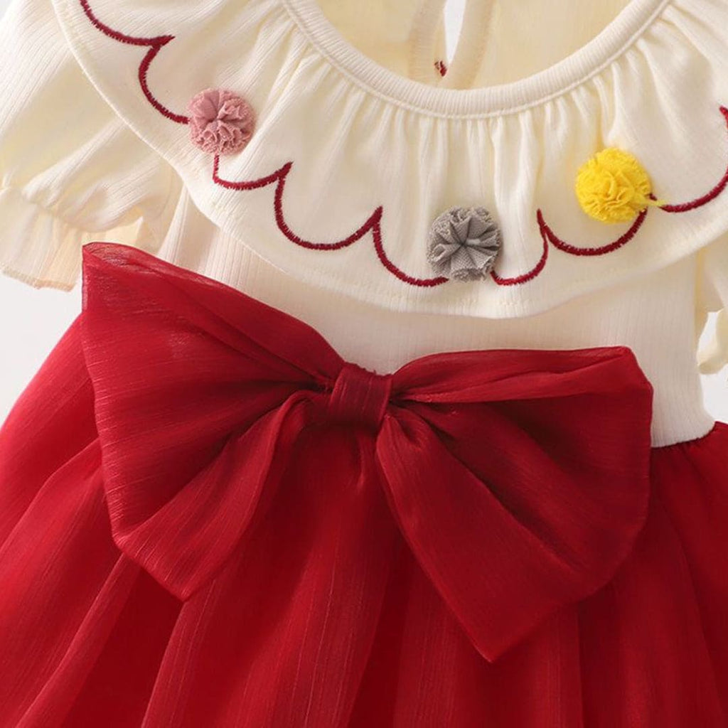 Girls Red Frill Neck Bow Applique Balloon Dress Casual Dresses Red 1-2 Y 