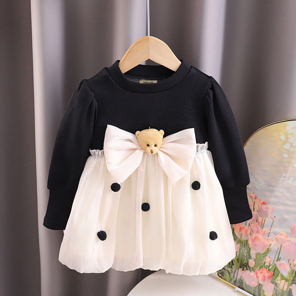 Girls Black Bear Bow Full Sleeves Balloon Dress Casual Dresses Black 1-2 Y 