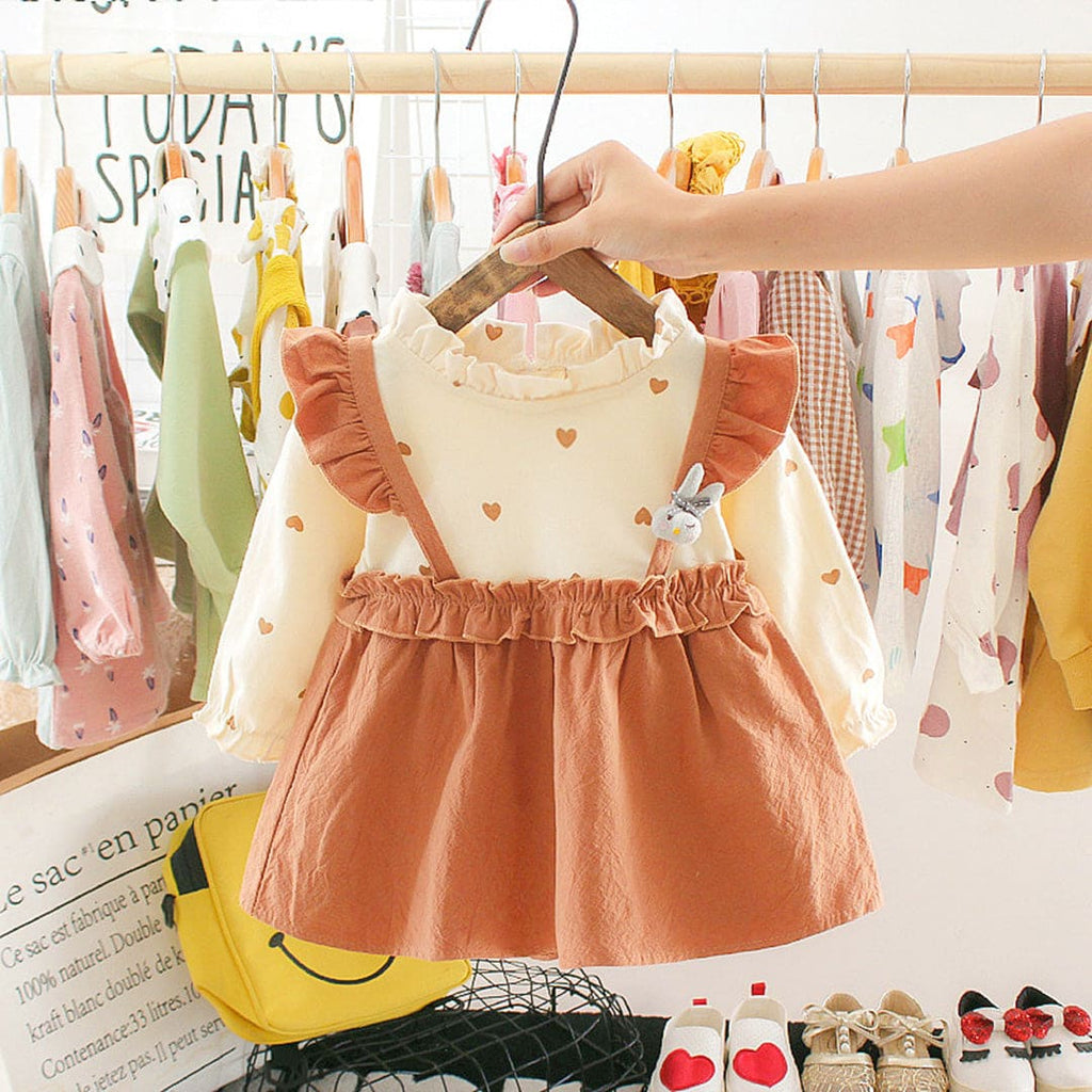 Girls Khaki Full Sleeves Pinafore Casual Dress Casual Dresses Khaki 1-2 Y 