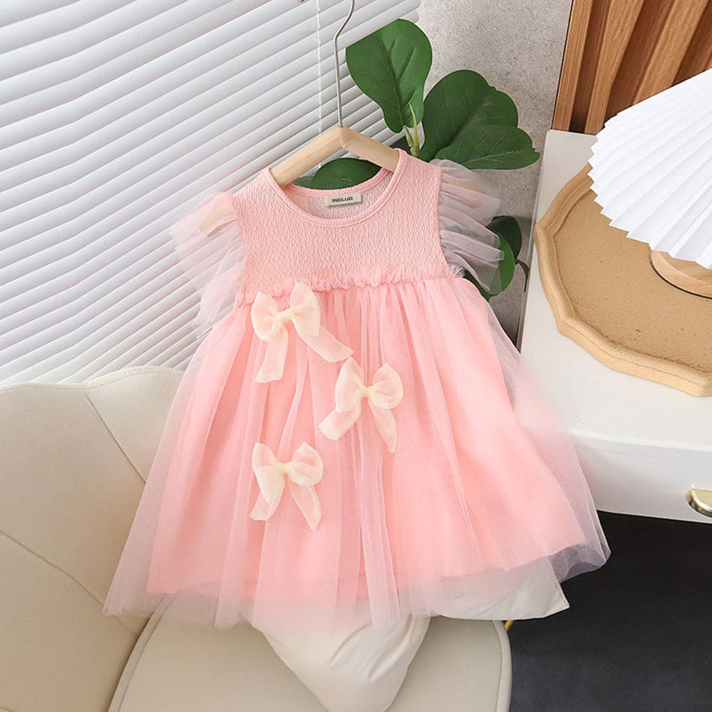 Girls Pink Texture Bow Applique Fit & Flare Dress Casual Dresses Pink 1-2 Y 