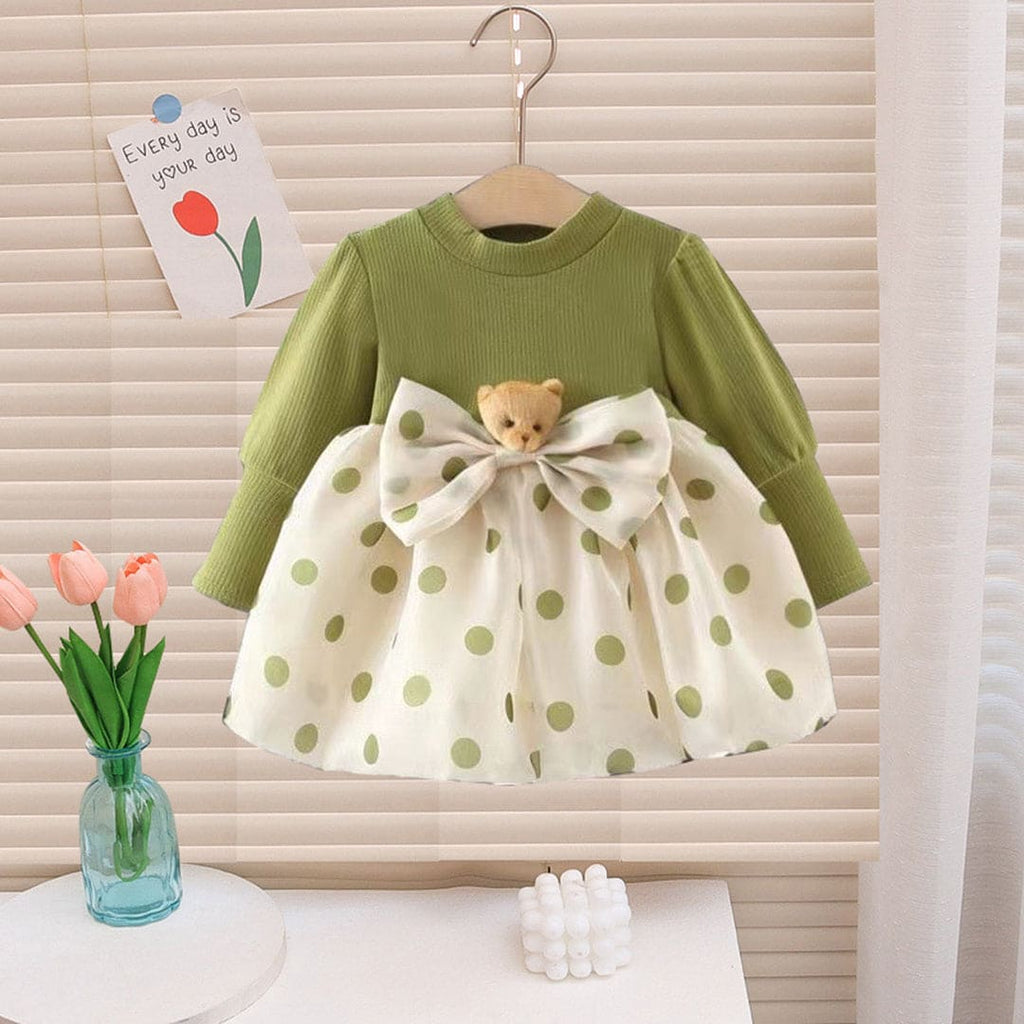 Girls Green Bow Bear Polka Dot Print Full Sleeves Balloon Dress Casual Dresses Green 1-2 Y 