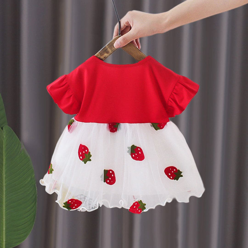 Girls Red Strawberry Embroidered Flared Sleeves Fit & Flare Dress Casual Dresses Red 1-2 Y 