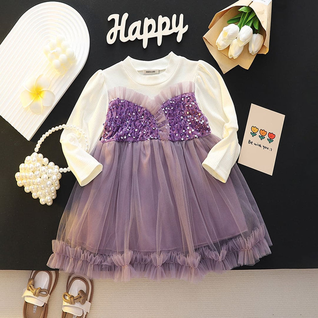 Girls Purple Sequins Embellished Full Sleeves Party Wear Dress Party Dresses Purple 1-2 Y 