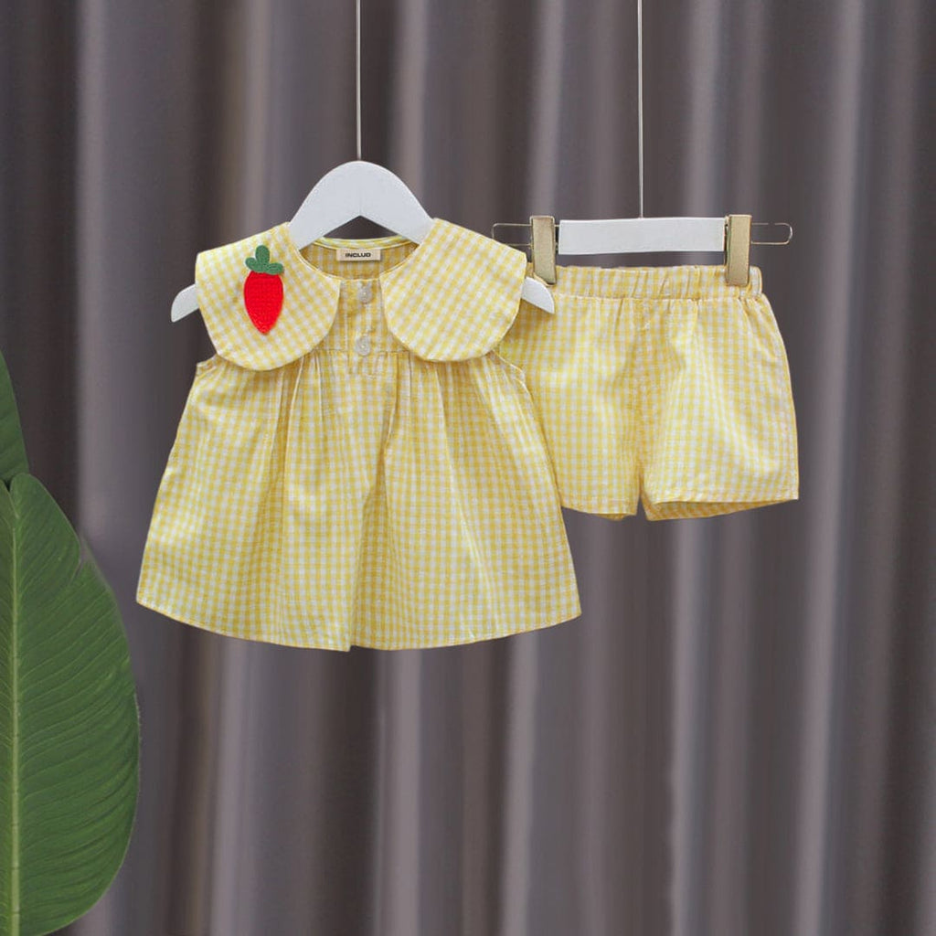 Girls Yellow Gingham Check Peter Pan Collar Top with Shorts Set Sets Yellow 1-2 Y 