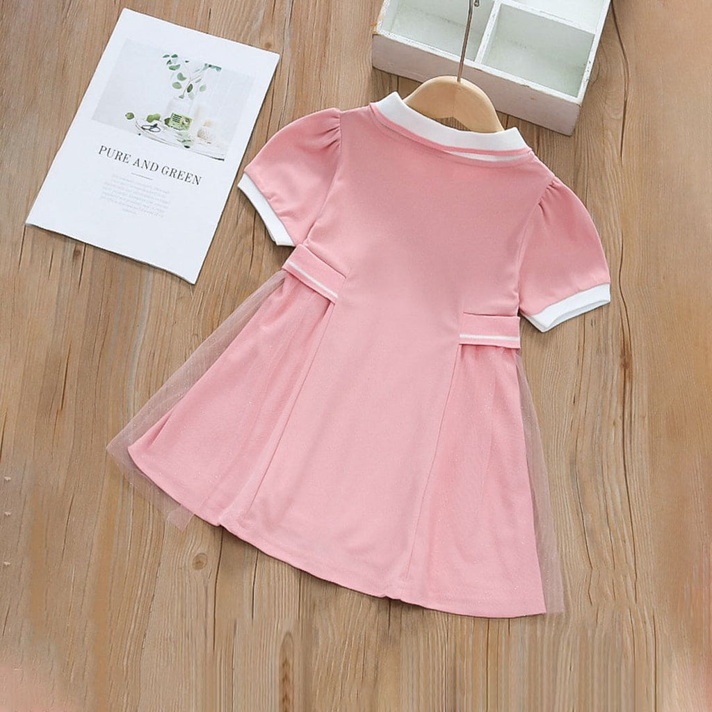 Girls Pink Puff Sleeves Polo T-shirt Dress Casual Dresses Pink 1-2 Y 